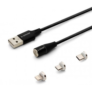Kabel magnetyczny USB - USB typ C, Micro i Lightning, czarny, 1m, CL-152, SAVIO CL-152