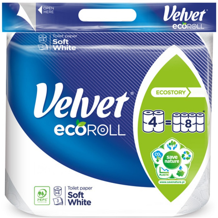 Papier toaletowy VELVET Delikatnie Biały, Ecoroll, 3-warstwowy, 300 listków, 4szt., biały, VLK-4200035