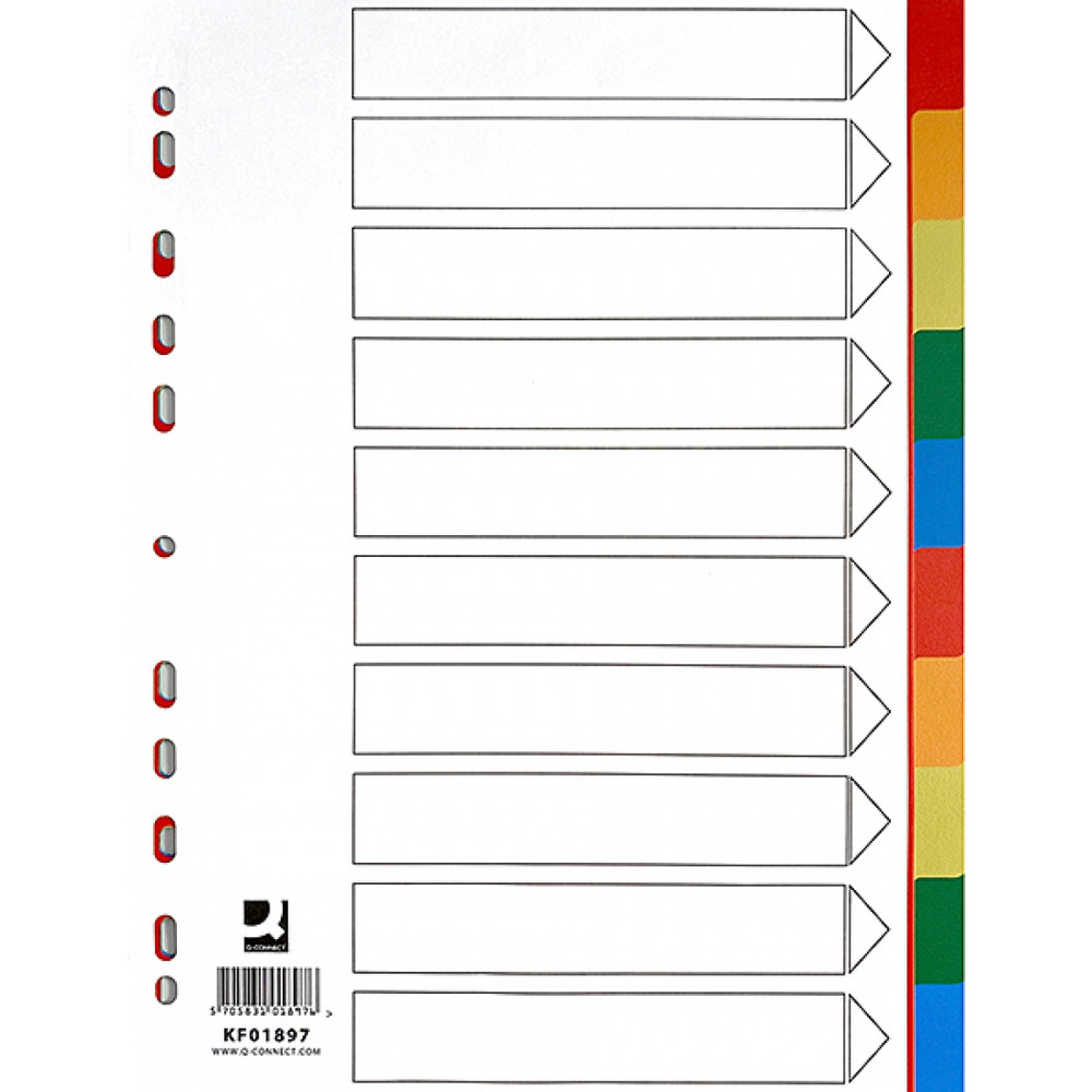 Przekładki Q-CONNECT, PP, A4, 225x297mm, 10+1 kart, mix kolorów, KF01897