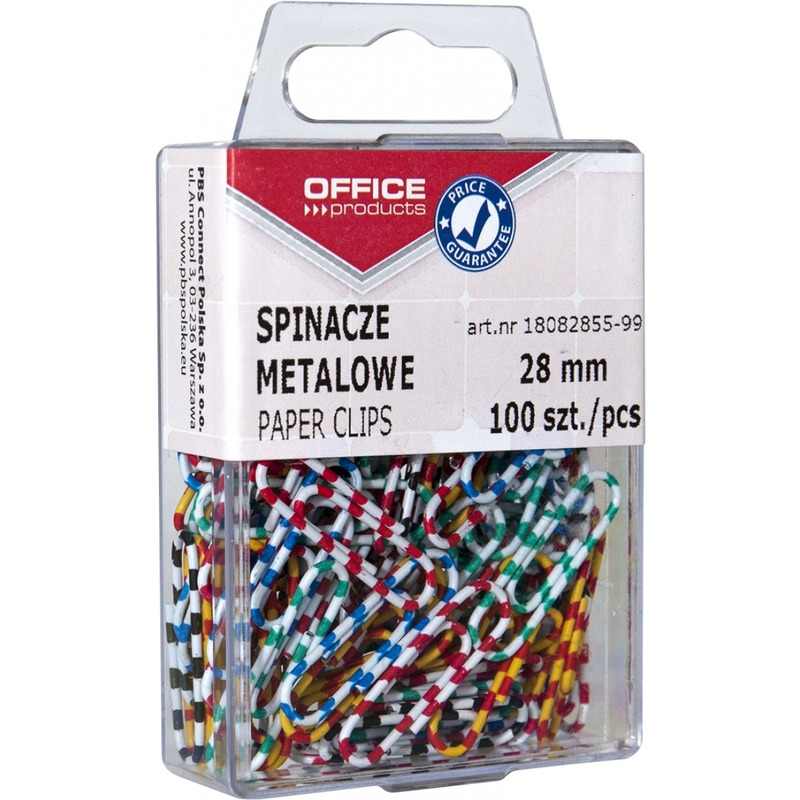 Spinacze metalowe OFFICE PRODUCTS Zebra, powlekane, 28mm, w pudełku, 100szt., mix kolorów, 18082855-99