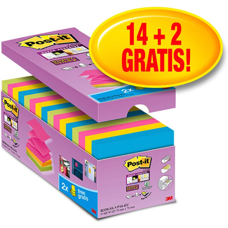 Karteczki Samoprzylepne Post It® Super Sticky Z Notes R330 Ss Vp16 76x76mm 14x90 Kart Mix