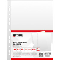 Koszulki na dokumenty OFFICE PRODUCTS, PP, A4, krystal, 45mikr., 100szt