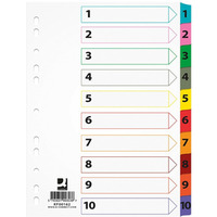 Przekadki Q-CONNECT Mylar, karton, A4, 225x297mm, 1-10, 10 kart, lam. indeks, mix kolorów